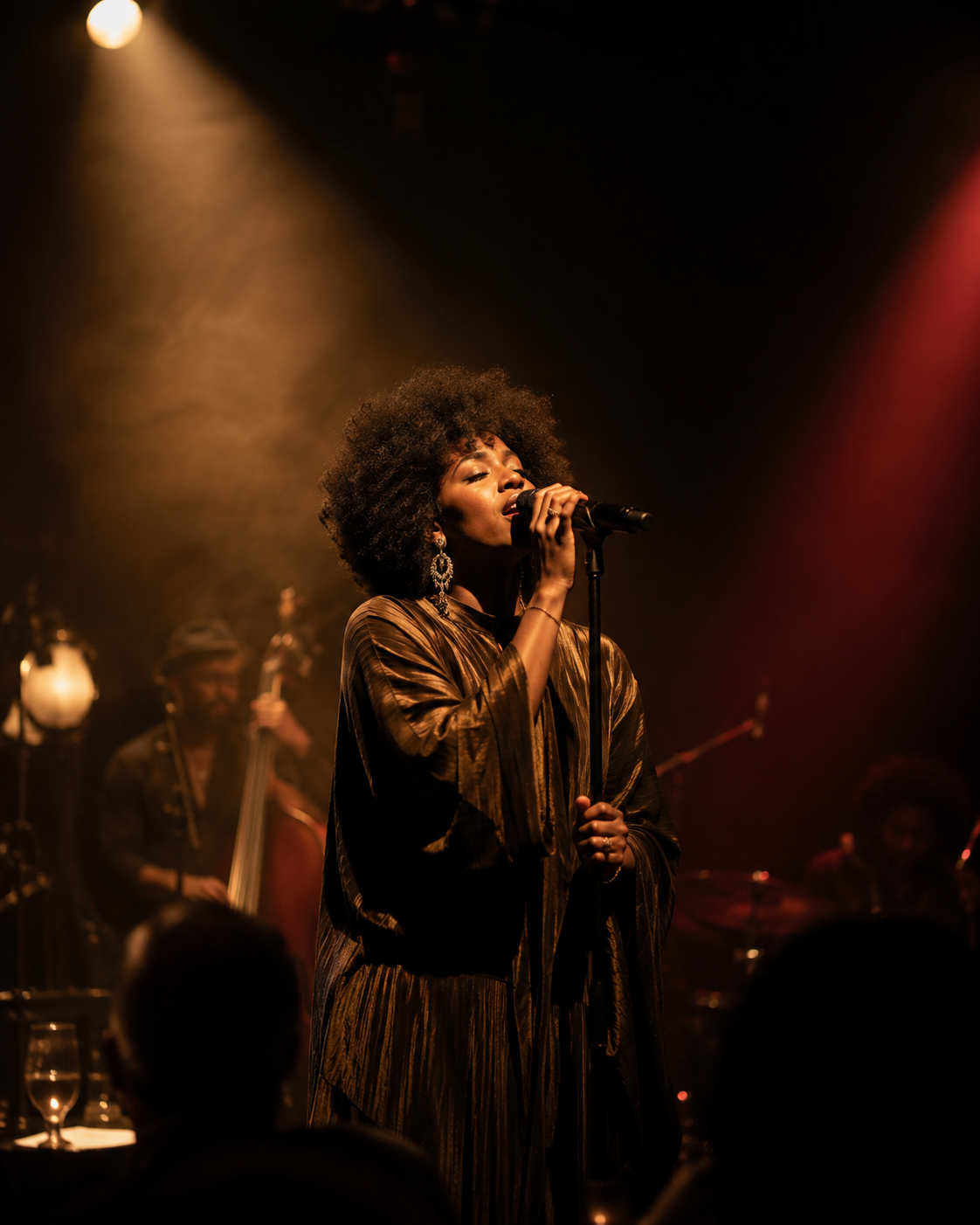 A Black vocalist performing on an intimate live-music stage under warm amber and deep red lighting.