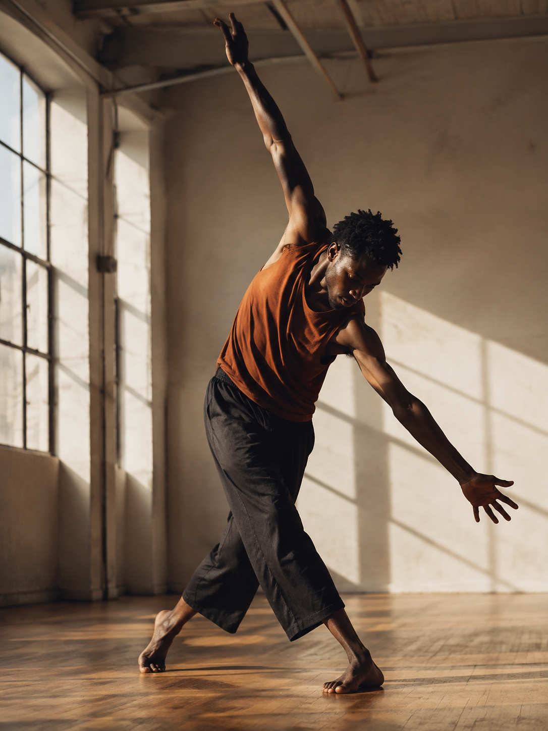 A Black contemporary dancer moving through a sunlit warehouse rehearsal studio.