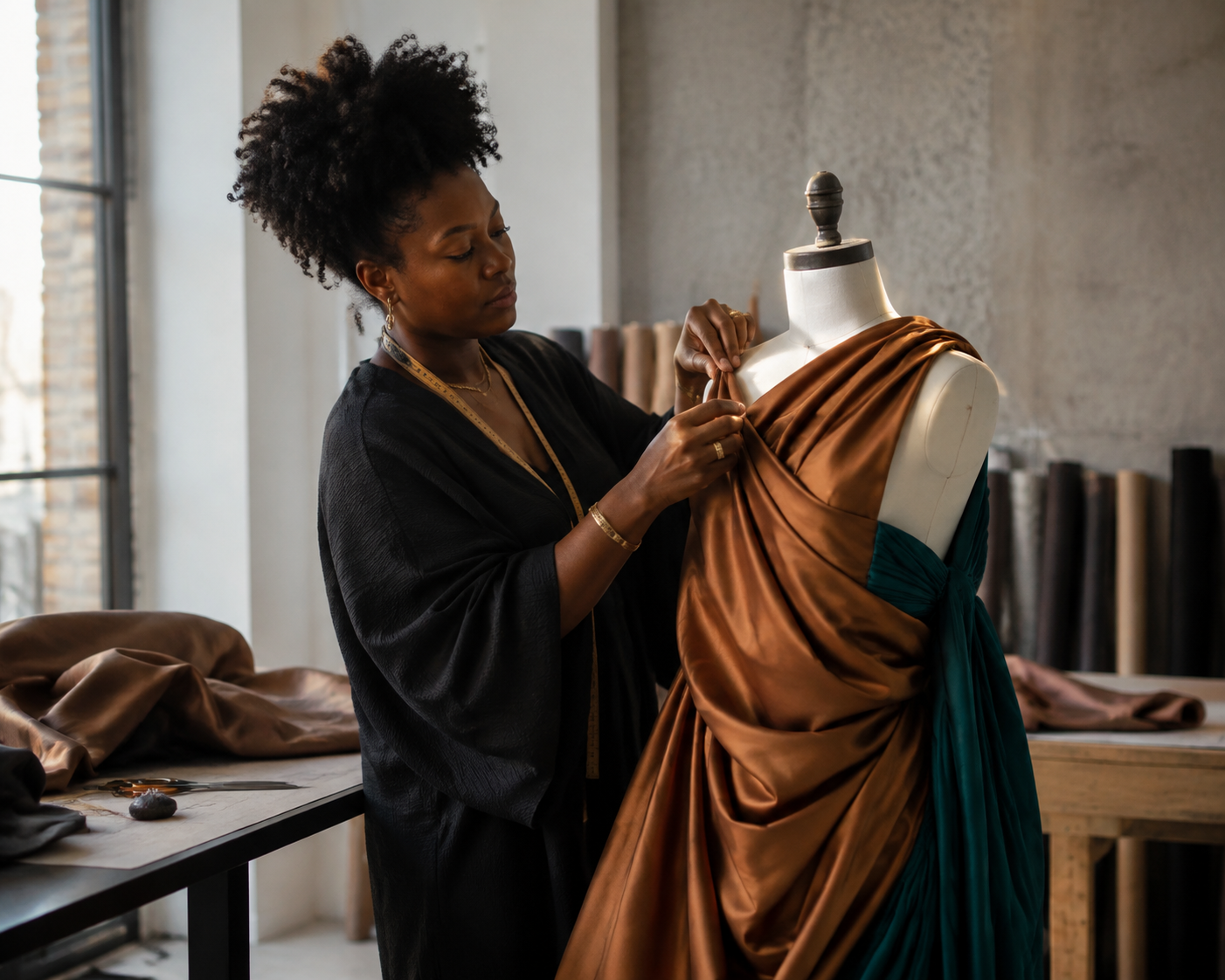 A Black fashion designer draping bronze and teal fabric on a dress form in a light-filled atelier.
