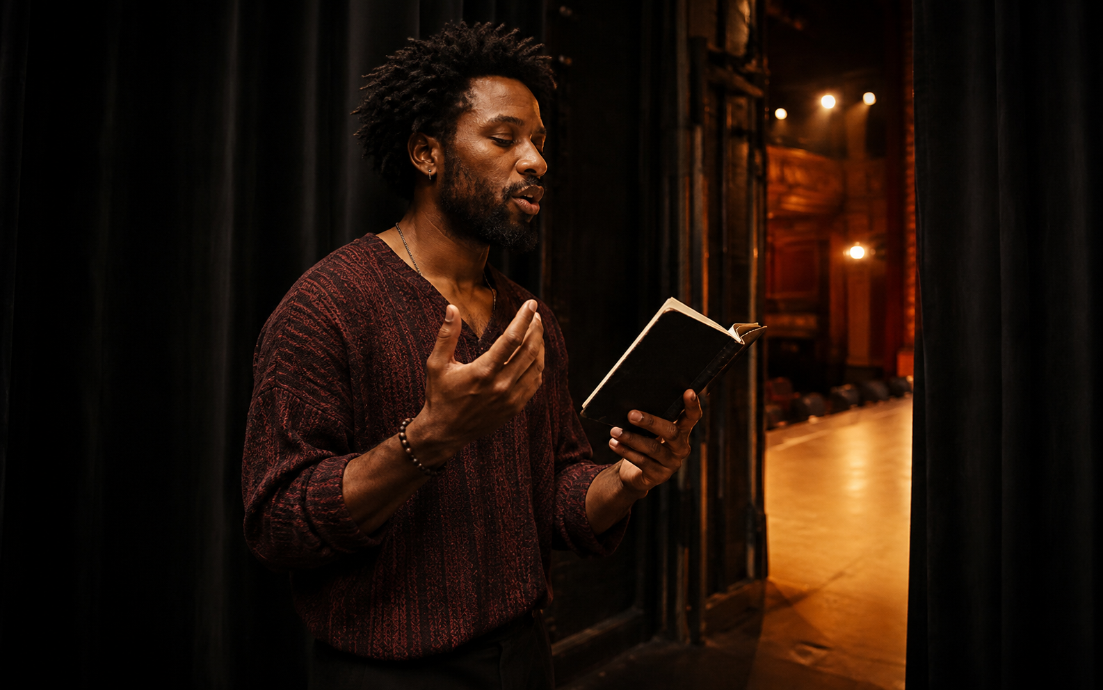 A Black spoken-word poet rehearsing from a notebook alone behind a theatre curtain.